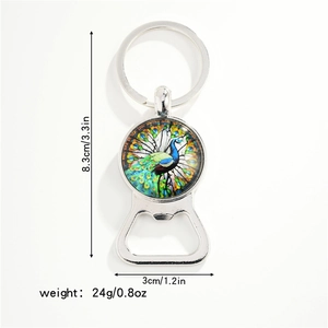 Silver bottle opener keychain with peacock art glass dome, 8.3x3cm and 24g weight