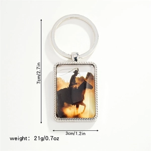 Western cowboy horse riding keychain in silver rectangle metal frame with dimensions