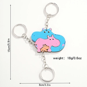 Three-piece interlocking hippo puzzle keychain set with size and weight detail
