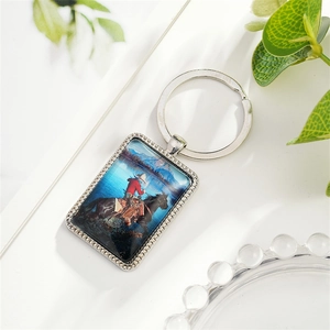 Western Cowboy Horse Riding Metal Keychain Retro Sunset Scenery Pendant Necklace Silver Bag Hanging Jewelry Charm Gift