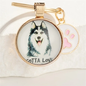 Golden Husky round pendant keychain with cute pink paw print charm on white stone