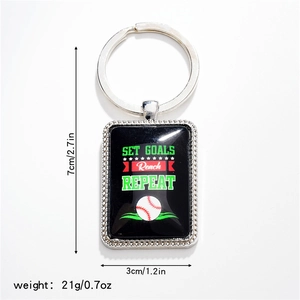 Inspirational baseball metal keychain with rectangular graphic pendant and motivational text