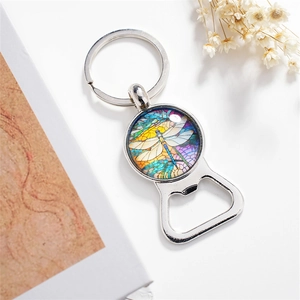 Creative Animal Art Glass Cabochon Metal Keychain Bottle Opener Vintage Dragonfly Sea Turtle Owl Keyring Pendant Men Women Gifts