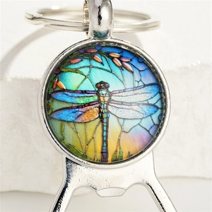Dragonfly glass cabochon keychain with integrated metal bottle opener gift tool