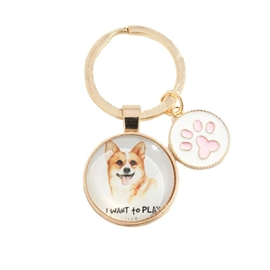 Golden Corgi dog keychain with glass pendant and cute pink paw charm for bags