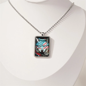 Cool wolf pendant necklace with American flag design on silver beaded chain for men