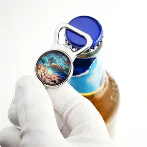 Polished zinc alloy bottle opener keychain featuring a colorful artistic sea turtle design