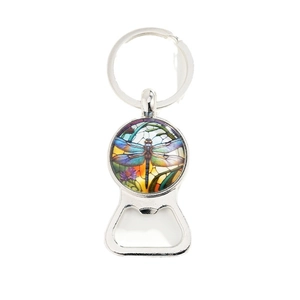 Artistic dragonfly glass dome bottle opener keychain with vintage silver metal frame
