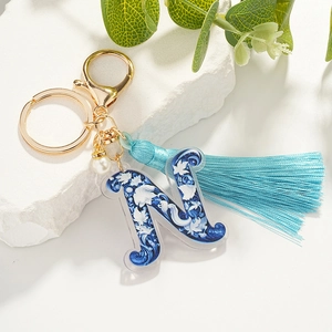 Vintage Chinese Style Blue And White Porcelain Alphabet Keychain With Tassel Artificial Pearl Gold Alloy Keyring Decoration For Women Bag