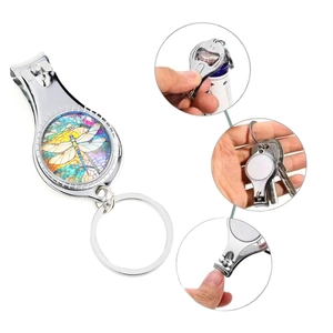 Multifunctional dragonfly nail clipper keychain with bottle opener in polished silver metal