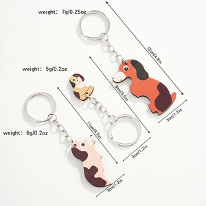 Cute wooden puppy keychains in three styles with detailed size and weight measurements