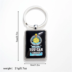 Polished stainless steel volleyball keychain with motivational quote and trophy graphic
