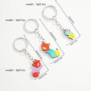 Three-piece set of cute wooden fox keychains with colorful patterns and size markers
