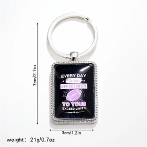 Rugby pendant keychain with inspirational quote and precise size specifications