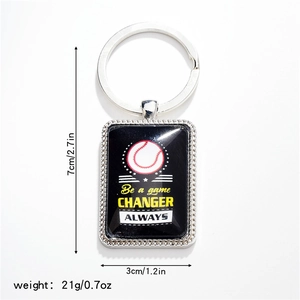 Detail view of rectangular baseball keychain with Be a game CHANGER text and size specs