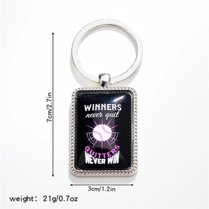 Porte-clés baseball rectangulaire avec slogan Winners Never Quit et dimensions 7x3cm