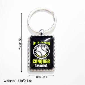 Detailed size view of baseball pendant keychain measuring 7cm x 3cm and weighing 21g