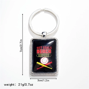 Détail du porte-clés de baseball avec texte motivant et dimensions du produit