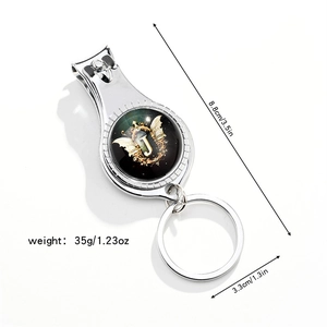 Detail view of 3-in-1 silver metal keychain showing dimensions, nail clipper and bottle opener