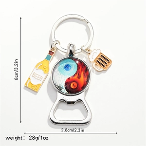Dual-sided Tai Chi pendant keychain with beer bottle opener charms and 8cm size detail