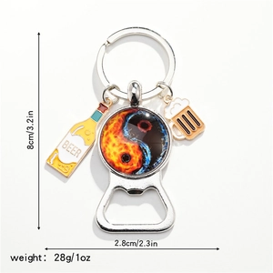 Yin Yang Tai Chi metal keychain with beer bottle pendants and integrated bottle opener