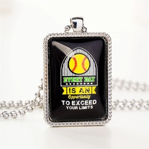 Baseball pendant necklace with inspirational text on a square silver medal with ball chain