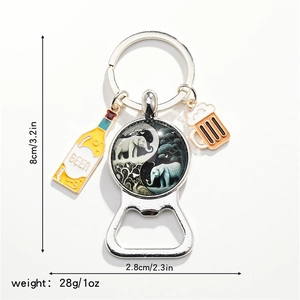 Detail of multi-functional metal bottle opener keychain showing size and beer charms