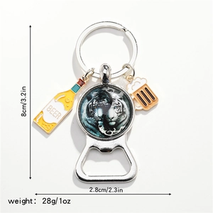 Close-up of metal bottle opener keychain with tiger emblem and beer charms