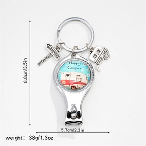Detail view of Happy Camper multi-tool nail clipper keychain with camping charms and dimensions