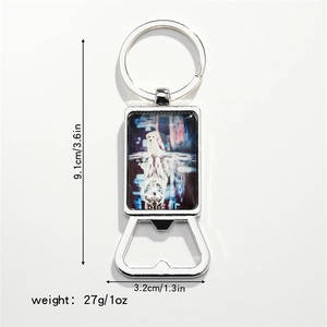Square keychain bottle opener with animal pattern showing dimensions 9.1cm x 3.2cm