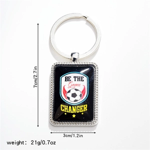 Portachiavi calcio con testo BE THE GAME CHANGER e indicazione dimensioni 3 cm x 7 cm