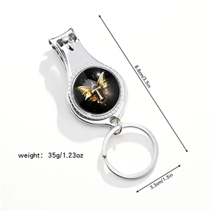 Three-in-one silver nail clipper keychain with dimensions 8.8cm and 35g weight