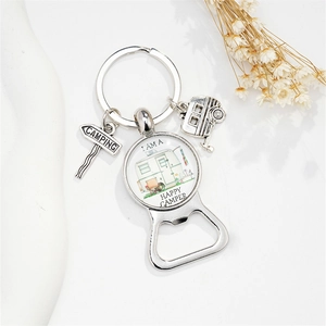 Detail of happy camper bottle opener keychain with caravan charm and camping road sign