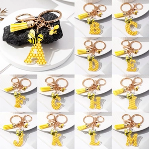 Creative Honeycomb Bee Alphabet Keychain Acrylic Yellow Tassel Initial Letter Key Ring For Women Bag Accessories Jewelry