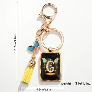 Detailed size specifications for butterfly letter G keychain with tassel and lobster clasp