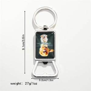 Polished silver metal bottle opener keychain featuring a Golden Retriever puppy portrait