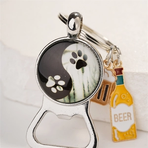 Yin Yang cat paw multifunctional bottle opener keychain with beer themed charms