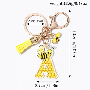 Acrylic bee honeycomb letter A keychain with yellow tassel and golden lobster clasp