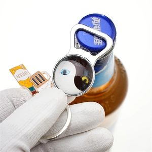 Multifunctional Tai Chi beer bottle opener keychain with glass pendant and silver ring