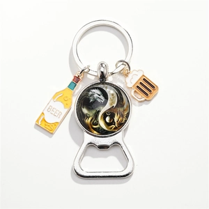 Tai Chi Dragon stainless steel beer bottle opener keychain with charms and glass dome