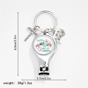 Detail view of Happy Camper nail clipper keychain with dimensions 8.8cm by 5.7cm