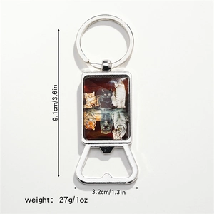 Silver metal keychain with bottle opener showing cat and tiger reflection detail