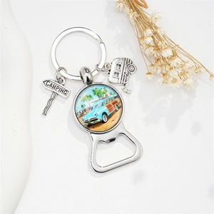 Vintage camper keychain bottle opener with beach graphic and camping sign charms
