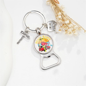 Camping keychain bottle opener with silver road sign and beach van glass cabochon