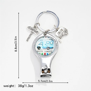 Detail showing camping theme multi-function nail clipper keychain with dimensions and weight