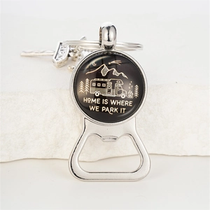 Retro Metal Bottle Opener Keychain With RV Camping Pattern Glass Dome Multi-Pendant Key Ring For Outdoor Travelers Accessory
