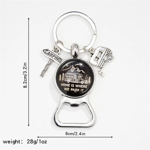 Camping keychain bottle opener with Home Is Where We Park It glass dome and camper charms