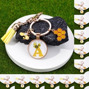 Creative Bee Honeycomb Keychain With Yellow Tassel Initial Letter Enamel Charm Gold Alloy Initial Keyring For Women Men