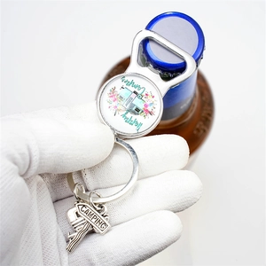 Silver metal Happy Camper bottle opener keychain with glass dome and camping charm