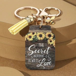 Wooden sunflower keychain with honey jar charm and secret ingredient love quote charm